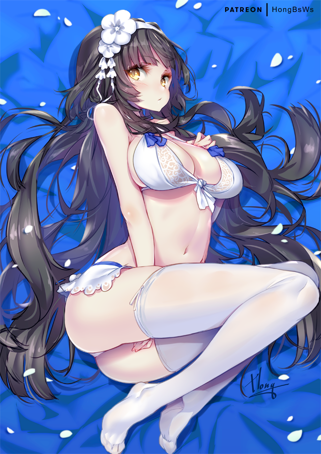between_legs bikini black_hair breasts cleavage commentary_request flower front-tie_bikini front-tie_top girls_frontline hair_flower hair_ornament hairband hand_between_legs hong_(white_spider) large_breasts long_hair looking_at_viewer lying navel on_side petals qbz-95_(girls_frontline) solo swimsuit thighhighs white_bikini white_legwear yellow_eyes
