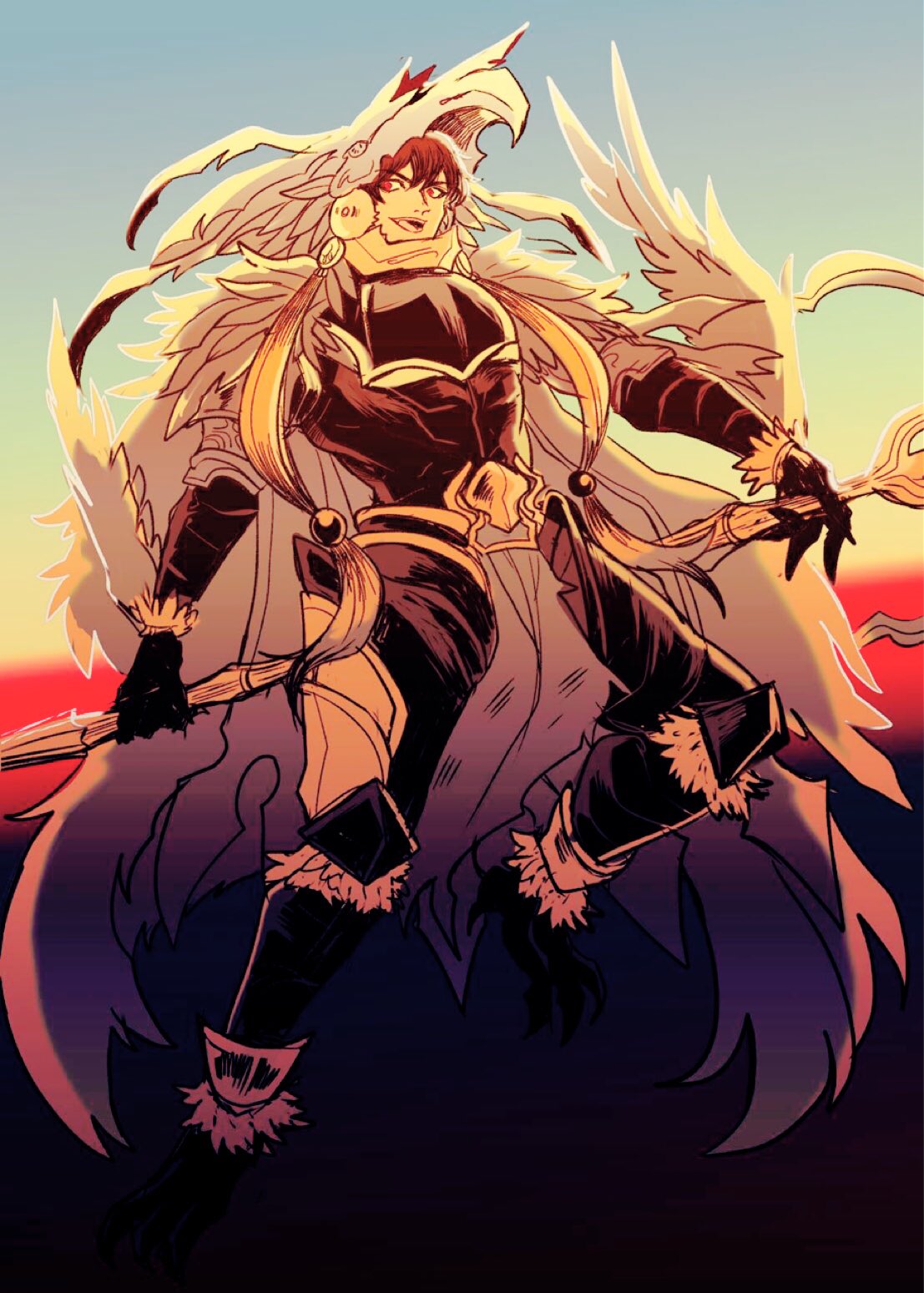 feathers granblue_fantasy helmet highres holding looking_to_the_side male_focus nezahualpilli open_mouth ottoritsubame pelvic_curtain red_eyes smile solo sunset