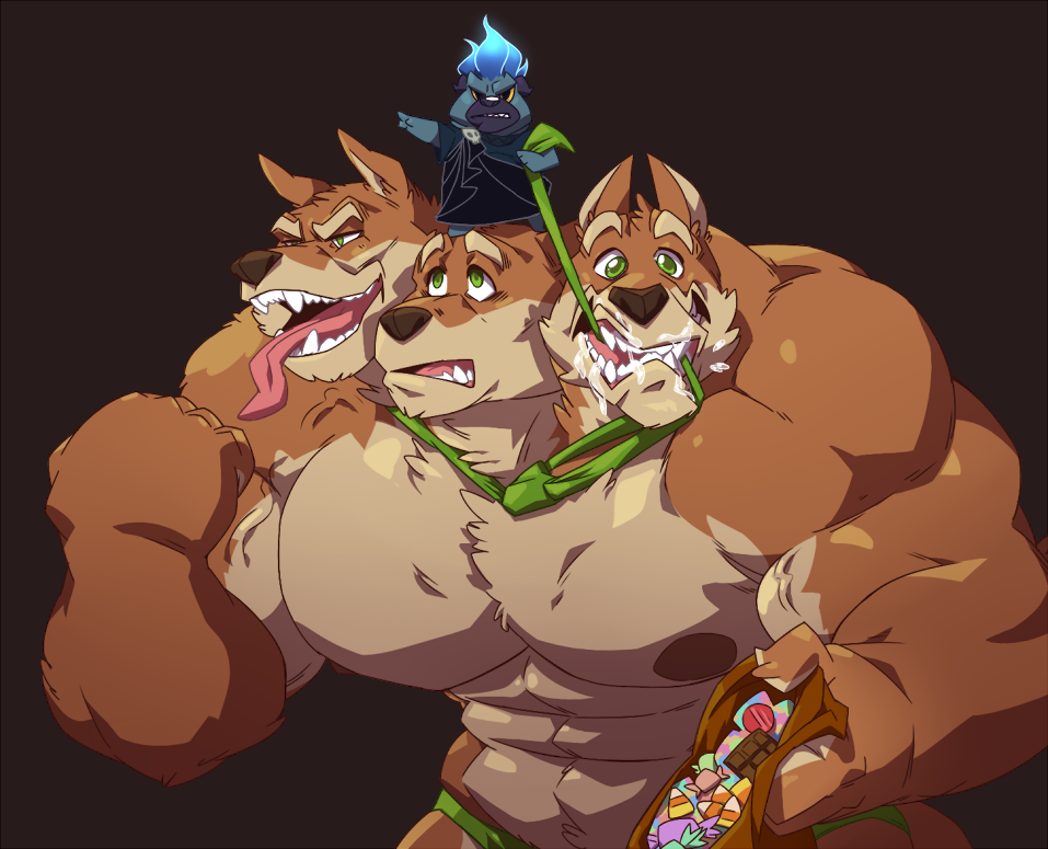 &gt;:) 3_heads 5_fingers anthro bamwuff big_nipples candy canine cerberus clothing collar derp_eyes dog food getfur hades_(disney) halloween holidays huge_muscles male mammal multi_head multifur muscular nipples open_mouth pecs pointing pug running size_difference standing submissive taoren thong tongue tongue_out