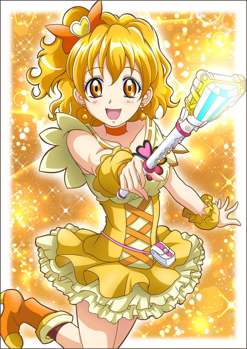 :d blonde_hair boots bow choker collarbone cure_pine dress earrings eyebrows_visible_through_hair fresh_precure! hair_bow hanzou heart heart_earrings highres holding jewelry layered_dress leg_up magical_girl open_mouth orange_bow orange_eyes orange_footwear outstretched_arm precure shiny shiny_hair short_dress side_ponytail sleeveless sleeveless_dress smile solo standing standing_on_one_leg wrist_cuffs yamabuki_inori yellow_dress
