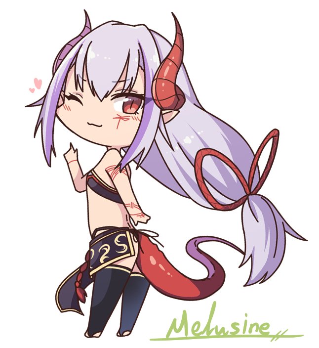 ;) ass bandeau bangs bare_arms bare_shoulders black_legwear character_name chibi commentary_request dragon_girl dragon_horns dragon_tail eyebrows_visible_through_hair eyes_visible_through_hair full_body hair_between_eyes hand_up heart highleg highleg_panties horns ibuki_notsu index_finger_raised lavender_hair long_hair looking_at_viewer low-tied_long_hair melusine_(ibuki_notsu) midriff one_eye_closed original panties pelvic_curtain pointy_ears red_eyes simple_background slit_pupils smile solo standing tail thighhighs thighs tsurime underwear very_long_hair white_background