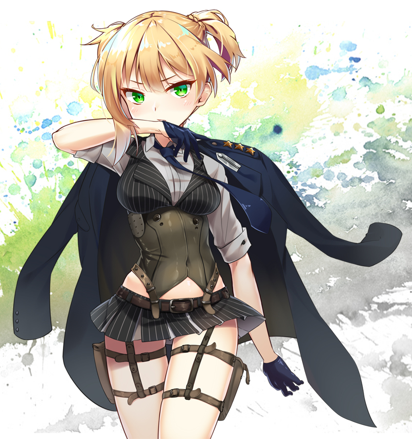bangs biting black_skirt black_vest blonde_hair blue_gloves blue_jacket blush breasts collared_shirt commentary_request cowboy_shot eyebrows_visible_through_hair girls_frontline glove_biting gloves green_eyes grey_shirt hair_between_eyes half_gloves hand_up holster jacket jacket_on_shoulders kutata looking_at_viewer medium_breasts military_jacket pleated_skirt shirt short_sleeves short_twintails skirt solo star striped striped_shirt thigh_holster twintails vertical-striped_shirt vertical-striped_vest vertical_stripes vest welrod_mk2_(girls_frontline)
