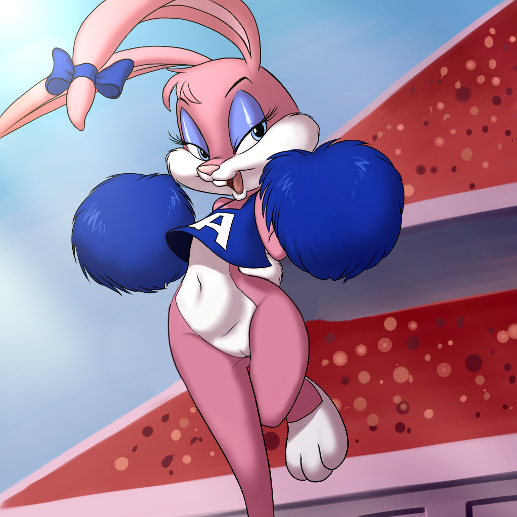 anthro babs_bunny bedroom_eyes bottomless bow cheerleader chochi clothed clothing ear_bow edit female fur half-closed_eyes lagomorph looking_at_viewer mammal midriff nekomate14 open_mouth pink_fur pom_poms pussy rabbit ribbons seductive solo tiny_toon_adventures warner_brothers