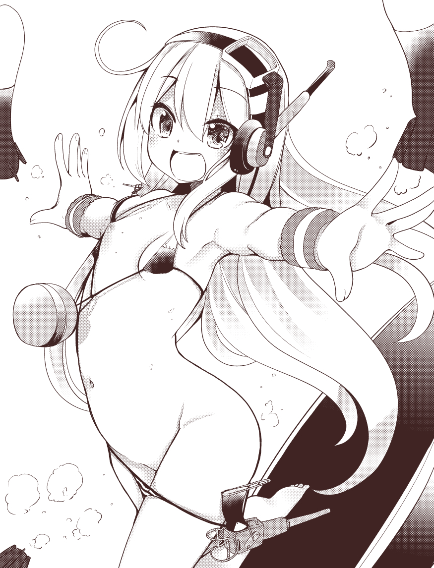 :d air_bubble albacore_(azur_lane) azur_lane bangs bare_shoulders bikini bikini_pull blush breasts bubble commentary_request eyebrows_visible_through_hair greyscale groin hair_between_eyes headphones long_hair looking_at_viewer micro_bikini monochrome navel nipples open_mouth outstretched_arms small_breasts smile solo spread_arms sweatband swimsuit takara_akihito torpedo very_long_hair white_background wristband