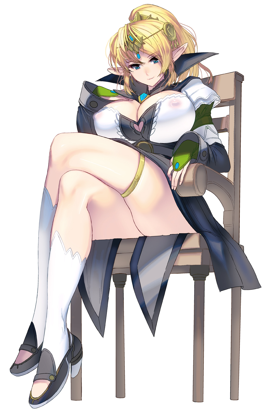 blonde_hair blue_eyes breasts chair commentary_request covered_nipples elf highres long_hair looking_at_viewer masao original pointy_ears ponytail see-through sitting smile solo thighs