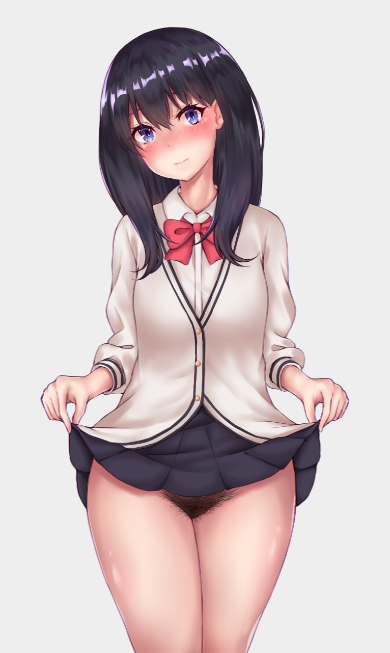 aki_(pixiv23643267) bangs black_hair black_skirt blue_eyes blush bow bowtie breasts buttons closed_mouth commentary_request excessive_pubic_hair full-face_blush hair_between_eyes highres hips long_hair looking_at_viewer miniskirt no_panties pleated_skirt pubic_hair red_neckwear skirt skirt_lift small_breasts solo ssss.gridman sweater swept_bangs takarada_rikka thighs white_sweater