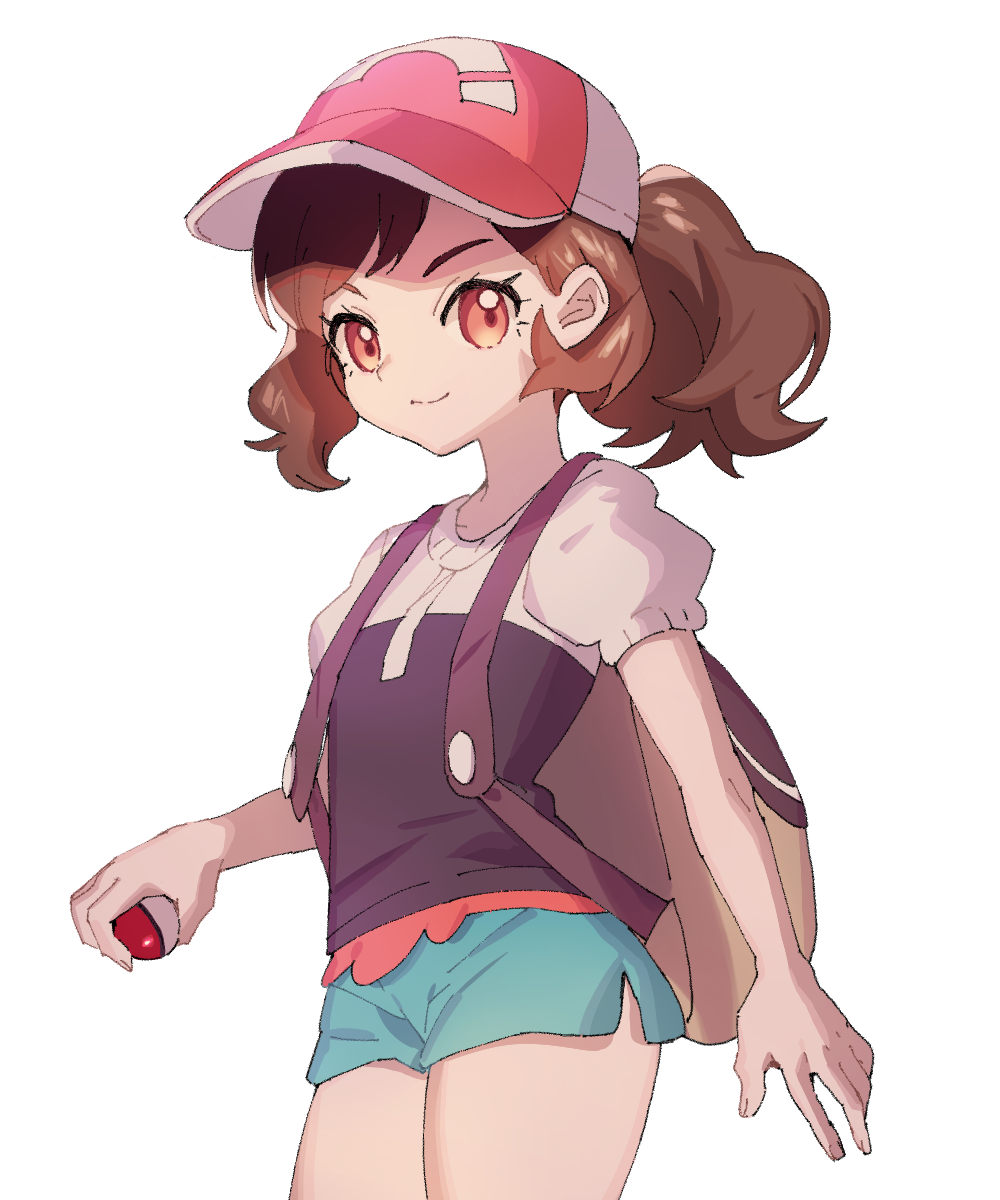 ankea_(a-ramo-do) ayumi_(pokemon) backpack bag bangs baseball_cap black_shirt brown_hair child closed_mouth cowboy_shot flat_chest green_shorts hand_up happy hat highres holding holding_poke_ball looking_at_viewer orange_eyes poke_ball poke_ball_(generic) poke_ball_theme pokemon pokemon_(game) pokemon_lgpe ponytail puffy_short_sleeves puffy_sleeves red_hat shirt short_shorts short_sleeves shorts simple_background smile solo standing swept_bangs tied_hair white_background