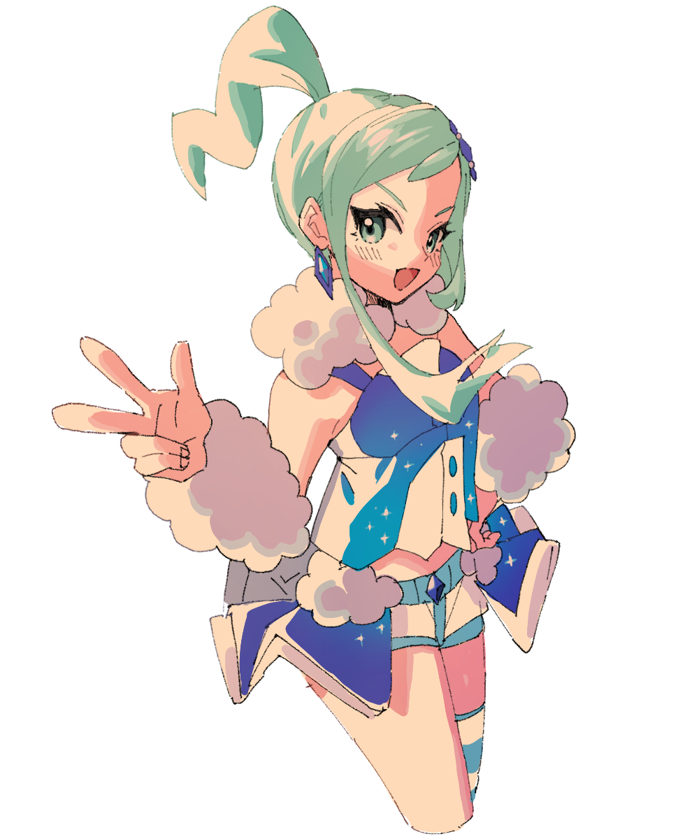 ankea_(a-ramo-do) aqua_eyes aqua_hair bare_shoulders blue_shirt blue_shorts blue_skirt blush cropped_legs fur_trim hair_ornament hand_on_hip hand_up happy high_ponytail highres idol looking_at_viewer lucia_(pokemon) open_mouth pokemon pokemon_(game) pokemon_oras shirt short_shorts shorts showgirl_skirt simple_background skirt sleeveless sleeveless_shirt smile solo standing tied_hair w white_background