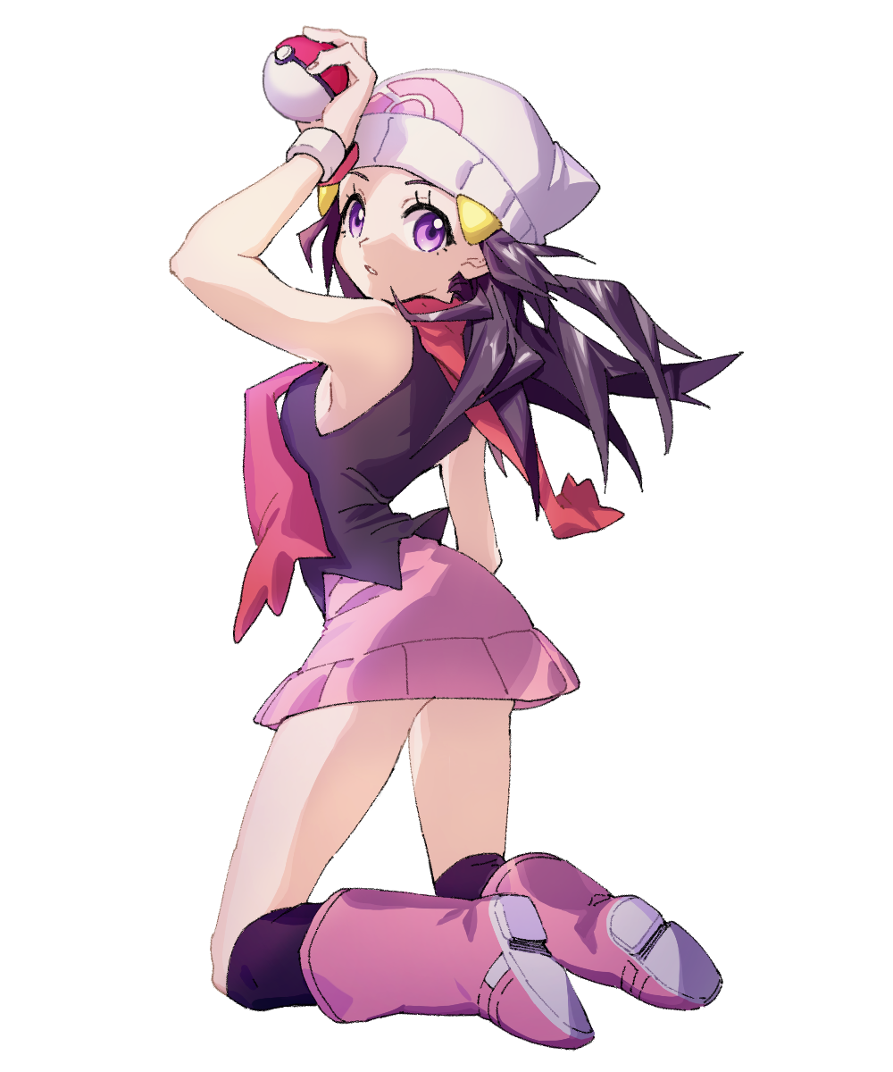 ankea_(a-ramo-do) arm_up bare_shoulders beanie black_hair black_legwear black_shirt boots breasts from_behind full_body hair_ornament hairclip hat highres hikari_(pokemon) holding holding_poke_ball knee_boots kneehighs kneeling long_hair miniskirt parted_lips pink_footwear pink_skirt poke_ball poke_ball_(generic) poke_ball_symbol poke_ball_theme pokemon pokemon_(game) pokemon_dppt red_scarf scarf shiny shiny_hair shirt simple_background skirt sleeveless sleeveless_shirt small_breasts solo tied_hair watch white_background white_hat wristwatch
