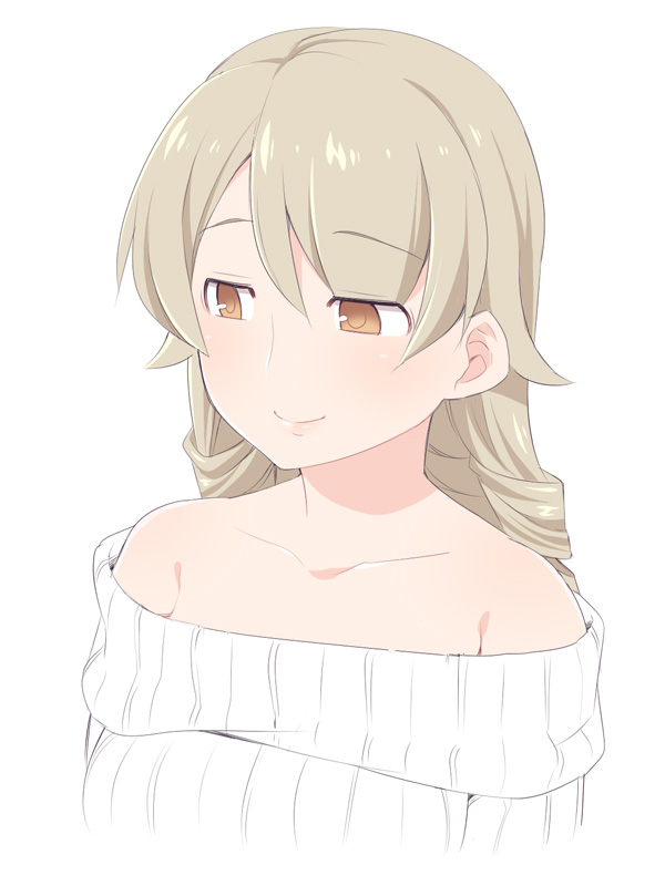 bangs bare_shoulders blush brown_eyes closed_mouth collarbone eyebrows_visible_through_hair hair_between_eyes idolmaster idolmaster_cinderella_girls light_brown_hair long_hair looking_away looking_to_the_side morikubo_nono off-shoulder_sweater older ribbed_sweater simple_background smile solo sweater upper_body ushi white_background white_sweater