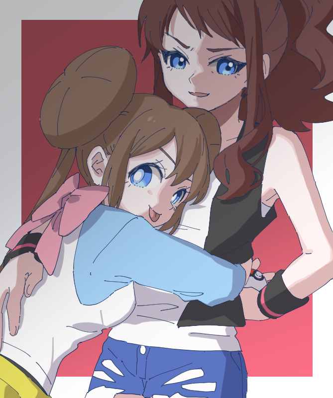 ankea_(a-ramo-do) bangs bare_shoulders black_vest blue_eyes blue_shorts border breasts brown_hair closed_mouth collarbone cowboy_shot denim denim_shorts double_bun hand_on_hip happy holding holding_poke_ball hug looking_at_viewer looking_back mei_(pokemon) multiple_girls open_mouth pantyhose poke_ball poke_ball_(generic) pokemon pokemon_(game) pokemon_bw pokemon_bw2 ponytail red_background shirt short_shorts shorts simple_background sleeveless sleeveless_shirt small_breasts smile standing swept_bangs tied_hair tongue tongue_out touko_(pokemon) twintails vest white_border white_shirt yuri