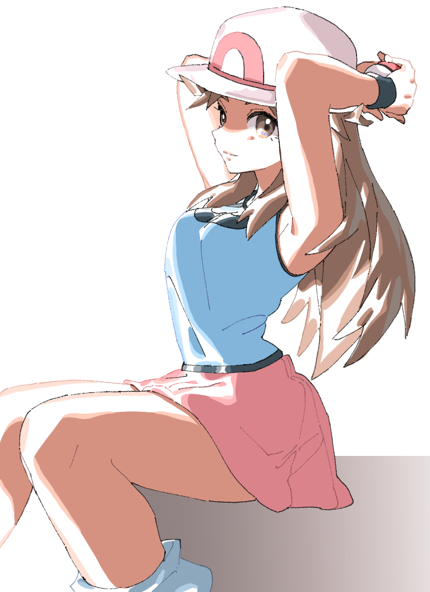 ankea_(a-ramo-do) armpits arms_behind_head arms_up blue_(pokemon) blue_legwear blue_shirt breasts brown_eyes brown_hair closed_mouth from_side hat holding holding_poke_ball long_hair miniskirt poke_ball poke_ball_(generic) pokemon pokemon_(game) pokemon_frlg red_skirt shirt simple_background sitting skirt sleeveless sleeveless_shirt small_breasts smile socks solo white_background white_hat wristband