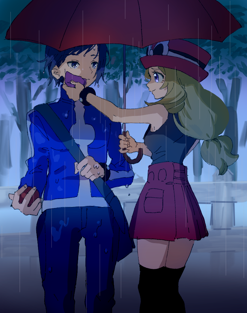 1boy 1girl ankea_(a-ramo-do) arm_up bag bangs black_hair black_legwear black_shirt blonde_hair blue_eyes blue_jacket blue_pants bracelet breasts calme_(pokemon) closed_mouth creatures_(company) eye_contact eyewear_on_headwear game_freak hand_up handkerchief happy hat holding holding_poke_ball jacket jewelry long_hair long_sleeves looking_at_another nintendo outdoors pants pleated_skirt poke_ball poke_ball_(generic) pokemon pokemon_(game) pokemon_xy rain red_hat red_skirt serena_(pokemon) shirt short_hair skirt sleeveless sleeveless_shirt small_breasts smile standing sunglasses swept_bangs thighhighs tree turtleneck umbrella wet wet_clothes wet_hair white-framed_eyewear zettai_ryouiki