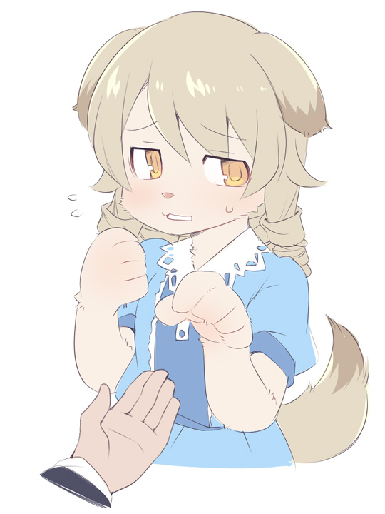 animal_ears bangs blue_dress blush brown_eyes commentary dog_ears dog_girl dog_tail dress eyebrows_visible_through_hair flying_sweatdrops fur furrification furry hair_between_eyes hands_up idolmaster idolmaster_cinderella_girls light_brown_hair long_hair morikubo_nono out_of_frame parted_lips paws puffy_short_sleeves puffy_sleeves ringlets short_sleeves simple_background solo_focus sweat tail upper_body ushi white_background