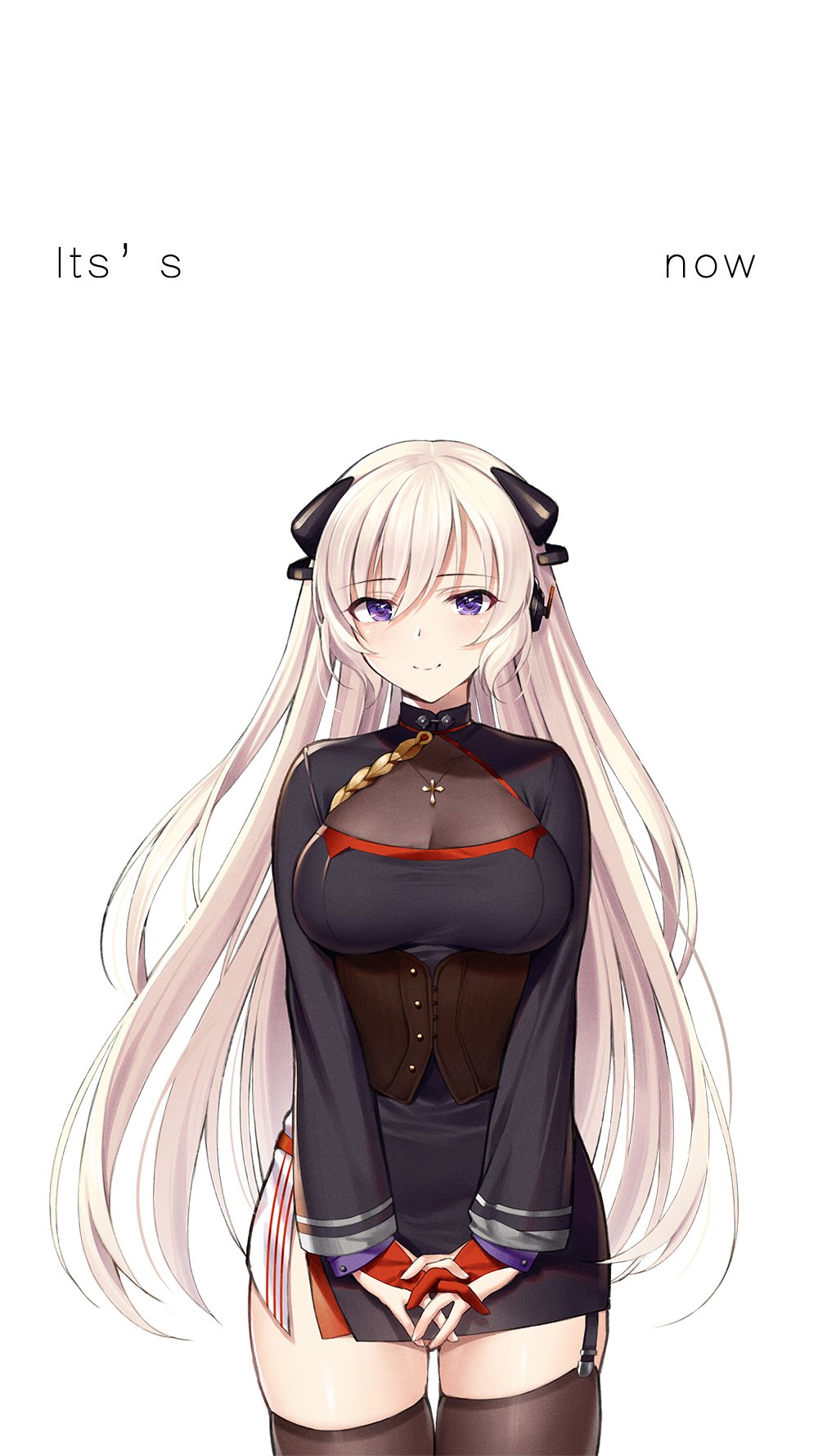 blonde_hair breasts cleavage commentary_request cross g3_(girls_frontline) garter_straps girls_frontline hands_together highres jewelry large_breasts long_hair necklace philomelalilium purple_eyes smile thighhighs