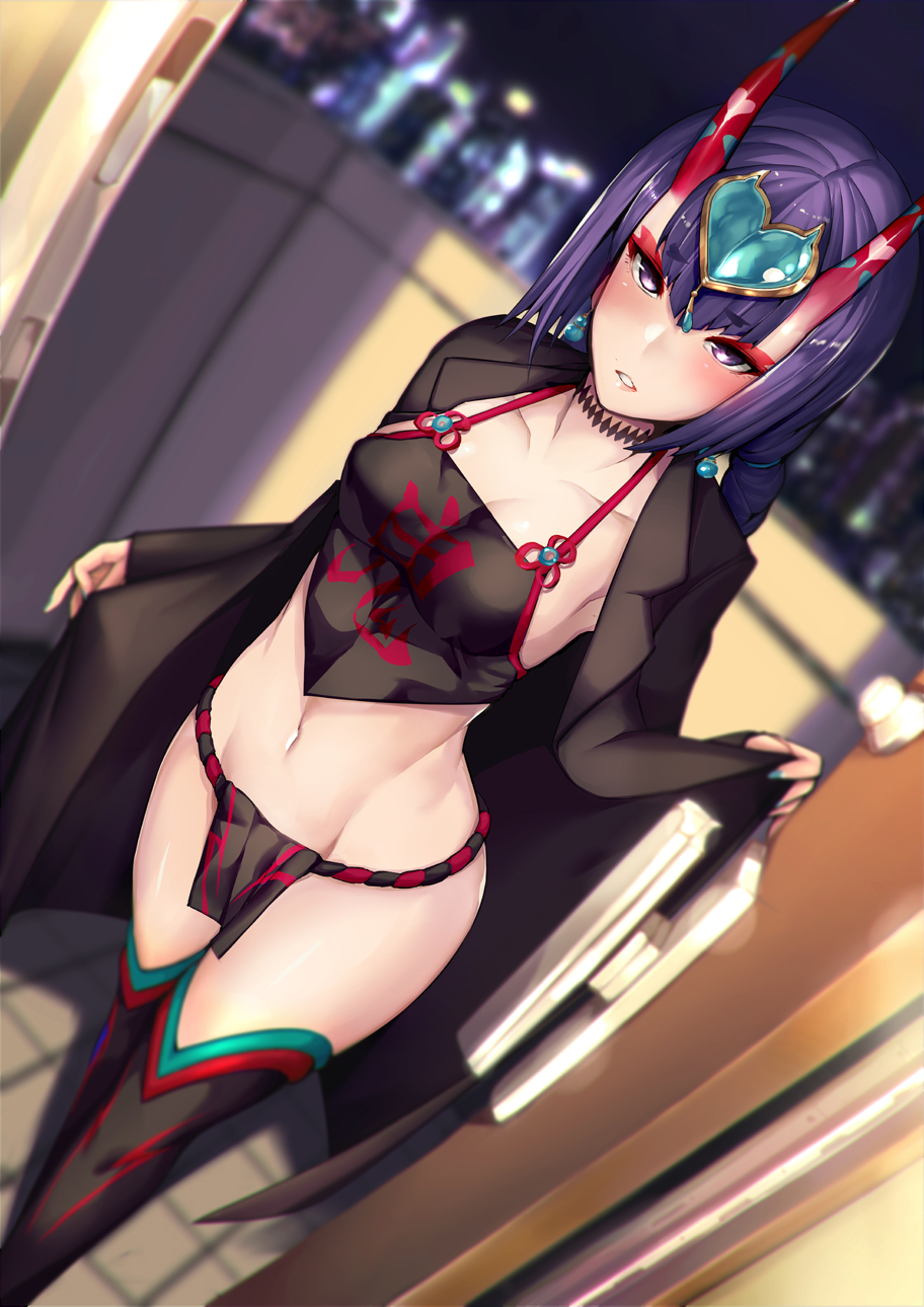 ankle_ribbon black_coat black_legwear blurry bob_cut breasts coat collarbone commentary_request cowboy_shot crop_top depth_of_field dudou dutch_angle eyebrows_visible_through_hair eyeshadow fangs fate/grand_order fate_(series) groin hair_ornament headpiece highres horns indoors lips looking_at_viewer makeup medium_breasts midriff navel oni oni_horns open_clothes open_coat open_door pale_skin parted_lips purple_eyes purple_hair revealing_clothes ribbon satou_daiji short_eyebrows short_hair shuten_douji_(fate/grand_order) shuten_douji_(halloween)_(fate) stomach thighhighs thighs tile_floor tiles