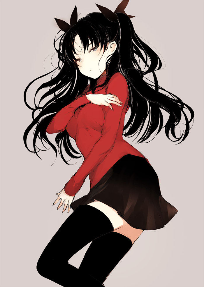 bangs black_hair black_legwear black_ribbon black_skirt breasts commentary_request fate/stay_night fate_(series) grey_background hair_ribbon hair_spread_out half-closed_eyes korean_commentary long_hair long_sleeves looking_at_viewer lpip miniskirt parted_bangs pleated_skirt red_sweater ribbon simple_background skirt solo sweater thighhighs toosaka_rin turtleneck two_side_up zettai_ryouiki