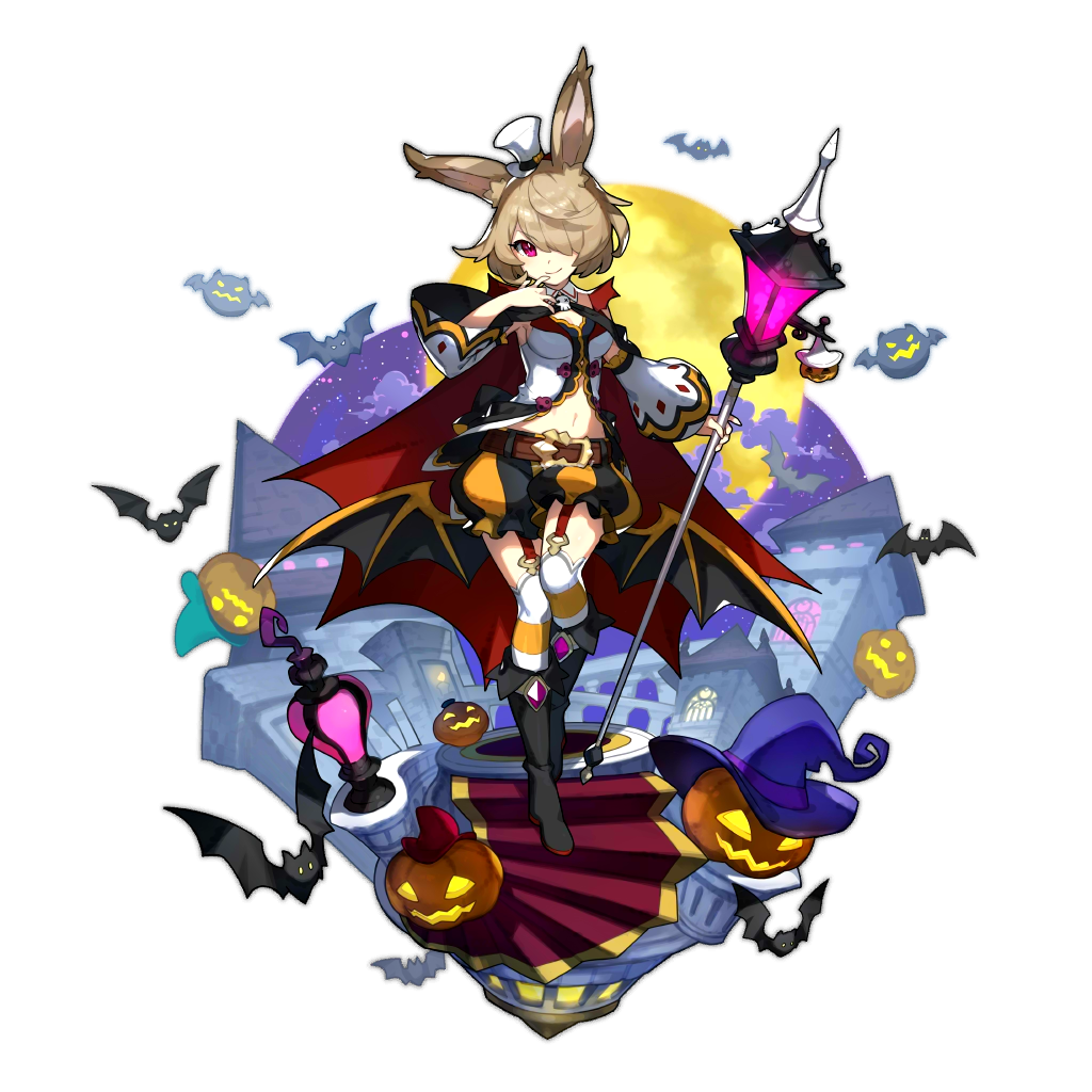 alternate_costume althemia animal_ears artist_request bat boots breasts brown_hair bunny_ears cleavage dragalia_lost garter_straps holding lamp lampion looking_at_viewer non-web_source official_art red_eyes shorts source_request staff thighhighs