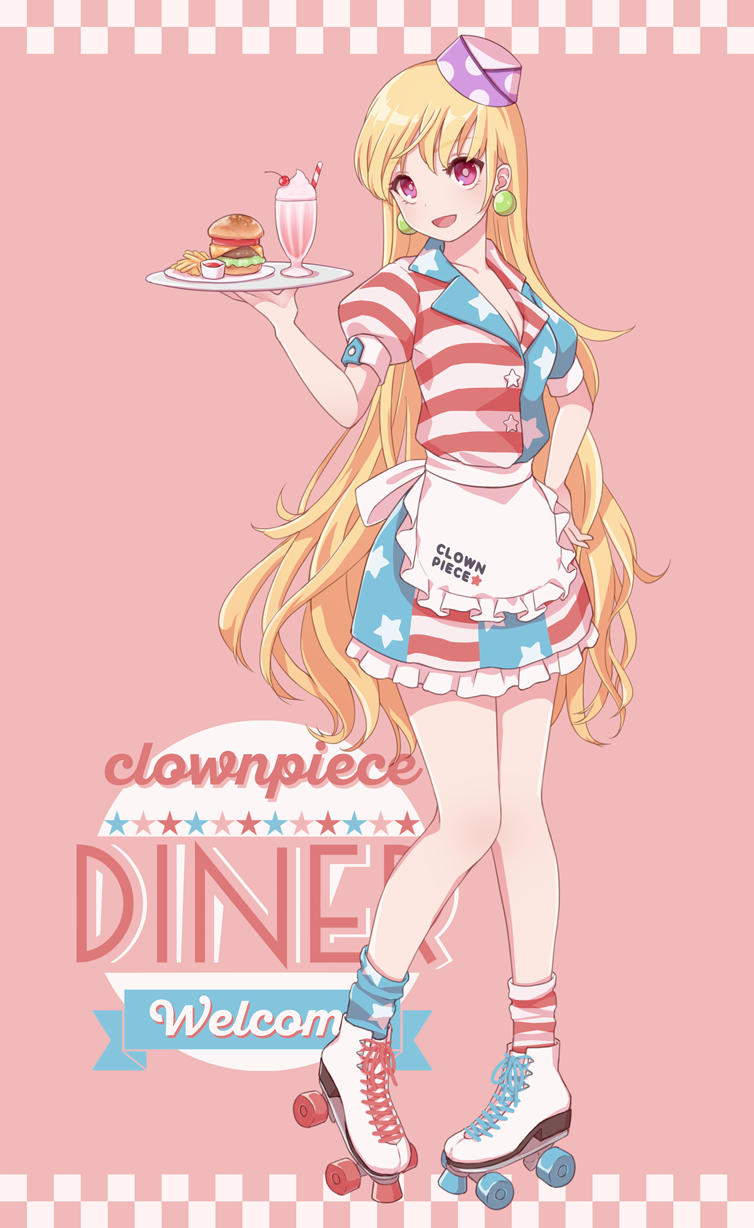 :d adapted_costume alternate_headwear american_flag_legwear american_flag_shirt american_flag_skirt apron bangs blonde_hair blue_legwear blue_shirt blue_skirt blush border breasts character_name checkered checkered_border cherry cleavage clothes_writing clownpiece collarbone commentary cross-laced_footwear cup drinking_glass drinking_straw dtvisu earrings eyebrows_visible_through_hair food french_fries frilled_apron frills fruit full_body hamburger hand_on_hip hand_up hat head_tilt highres holding holding_tray ice_cream jewelry long_hair looking_at_viewer medium_breasts mini_hat miniskirt mismatched_legwear open_mouth petticoat pink_background pink_eyes plate polka_dot_hat puffy_short_sleeves puffy_sleeves purple_hat red_legwear red_shirt red_skirt roller_skates shirt short_sleeves simple_background skates skirt skirt_set smile socks solo standing star star_print striped striped_legwear striped_shirt striped_skirt sundae thighs touhou tray very_long_hair waist_apron waitress white_apron white_footwear white_legwear white_shirt white_skirt
