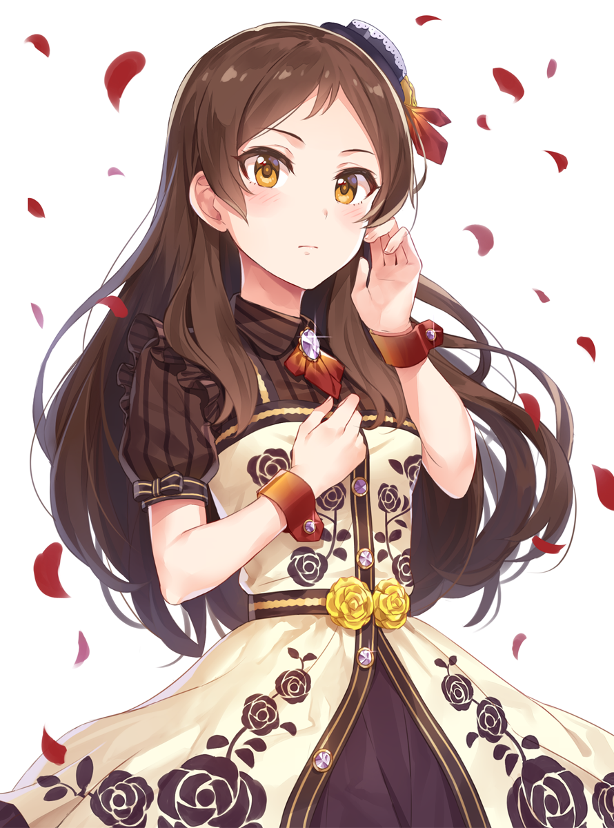 bangs black_hat blush brooch brown_dress brown_eyes brown_hair closed_mouth collared_dress commentary_request cowboy_shot dress expressionless floral_print flower frilled_dress frills glint hair_tucking hand_on_own_chest hands_up hat highres idolmaster idolmaster_million_live! idolmaster_million_live!_theater_days jewelry kitazawa_shiho long_hair looking_at_viewer mini_hat parted_bangs petals print_dress rose rose_petals rose_print short_sleeves solo standing striped tilted_headwear vertical-striped_dress vertical_stripes wavy_hair white_background wrist_cuffs yellow_flower yellow_rose yuuhi_(ages)