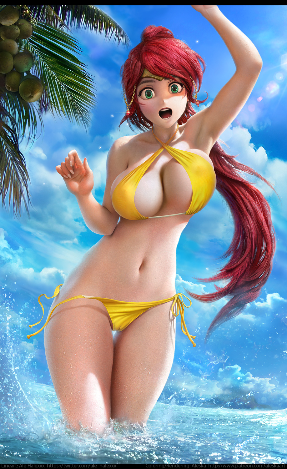 1girl aleskaart arm_up armpits beach bikini blue_sky breasts cameltoe cleavage cloud forehead_protector green_eyes groin jewelry large_breasts looking_at_viewer navel ocean open_mouth partially_submerged pyrrha_nikos red_hair rwby sky solo splash swimsuit thighs untied untied_bikini water waving wet yellow_bikini