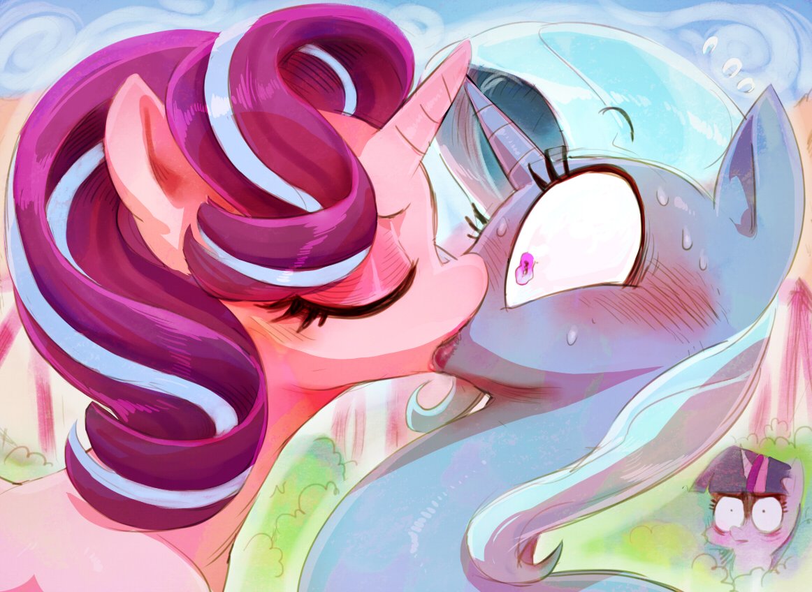 2018 being_watched blush equine eyes_closed female female/female french_kissing friendship_is_magic kissing mammal my_little_pony outside purple_eyes starlight_glimmer_(mlp) sunibee surprise trixie_(mlp)