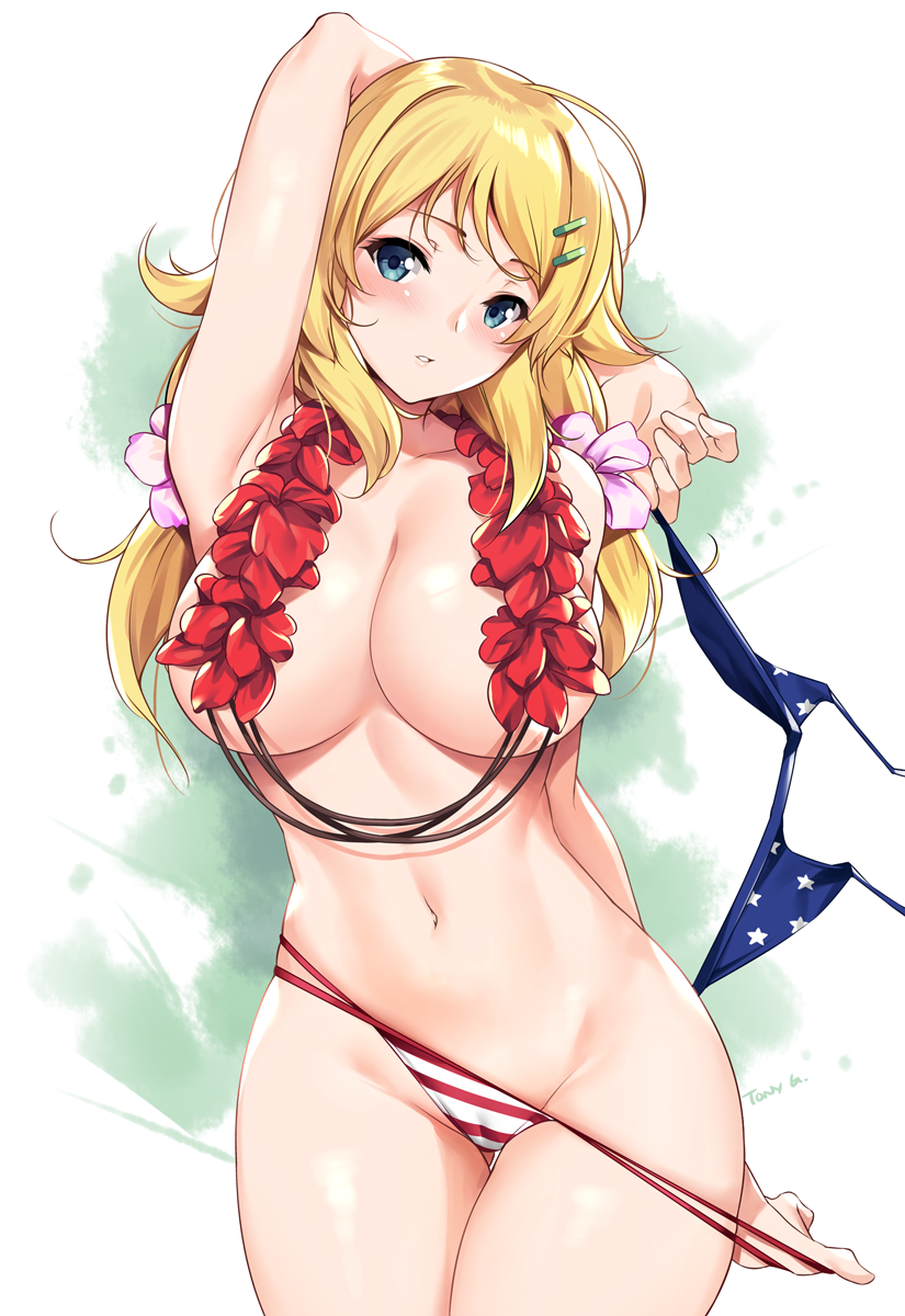 american_flag_bikini arm_behind_head arm_up armpits ass_visible_through_thighs bangs bikini bikini_pull bikini_top_removed blonde_hair blue_eyes blush breasts cleavage commentary flag_print flower flower_necklace hachimiya_meguru hair_ornament hairclip highres idolmaster idolmaster_shiny_colors jewelry large_breasts long_hair looking_at_viewer midriff navel necklace parted_lips petals standing striped striped_bikini swimsuit thigh_gap thighs tony_guisado topless underboob