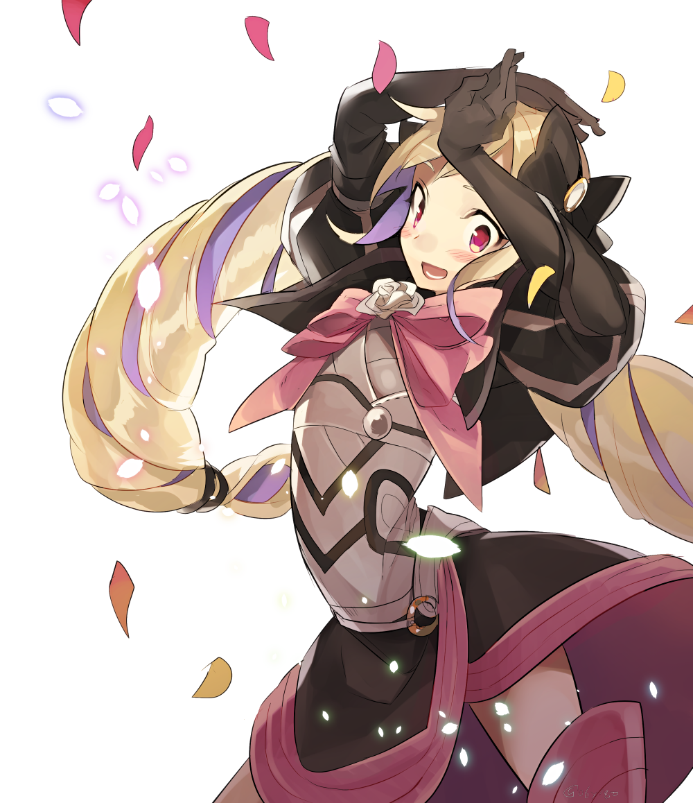 armor blonde_hair drill_hair elise_(fire_emblem_if) fire_emblem fire_emblem_if flat_chest flower gloves hairband hyakuhachi_(over3) long_hair looking_at_viewer open_mouth petals purple_eyes purple_hair rose smile twin_drills twintails white_flower white_rose