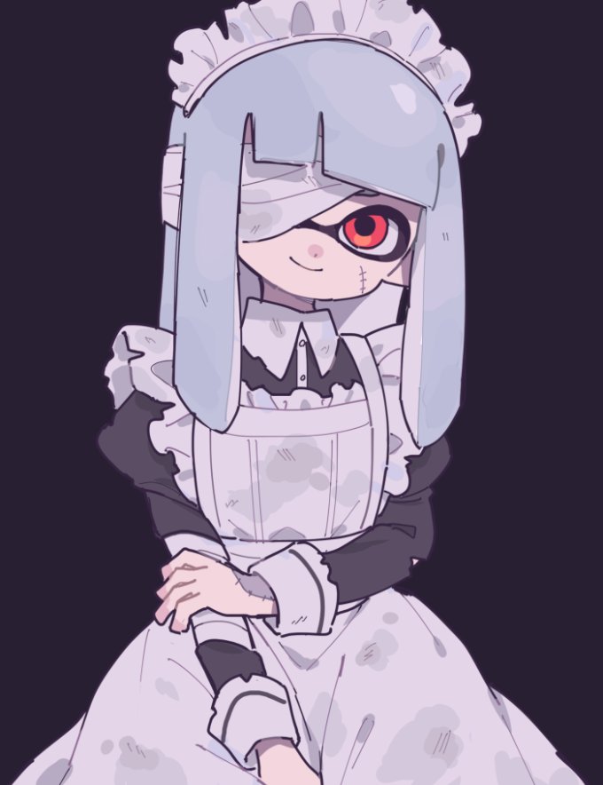apron bandage_over_one_eye bandages bangs blunt_bangs commentary_request dark_background gomi_(kaiwaresan44) grey_background halloween halloween_costume hand_on_own_arm inkling long_hair looking_at_viewer maid maid_apron maid_headdress red_eyes scar silver_hair simple_background smile splatoon_(series) tentacle_hair torn_clothes