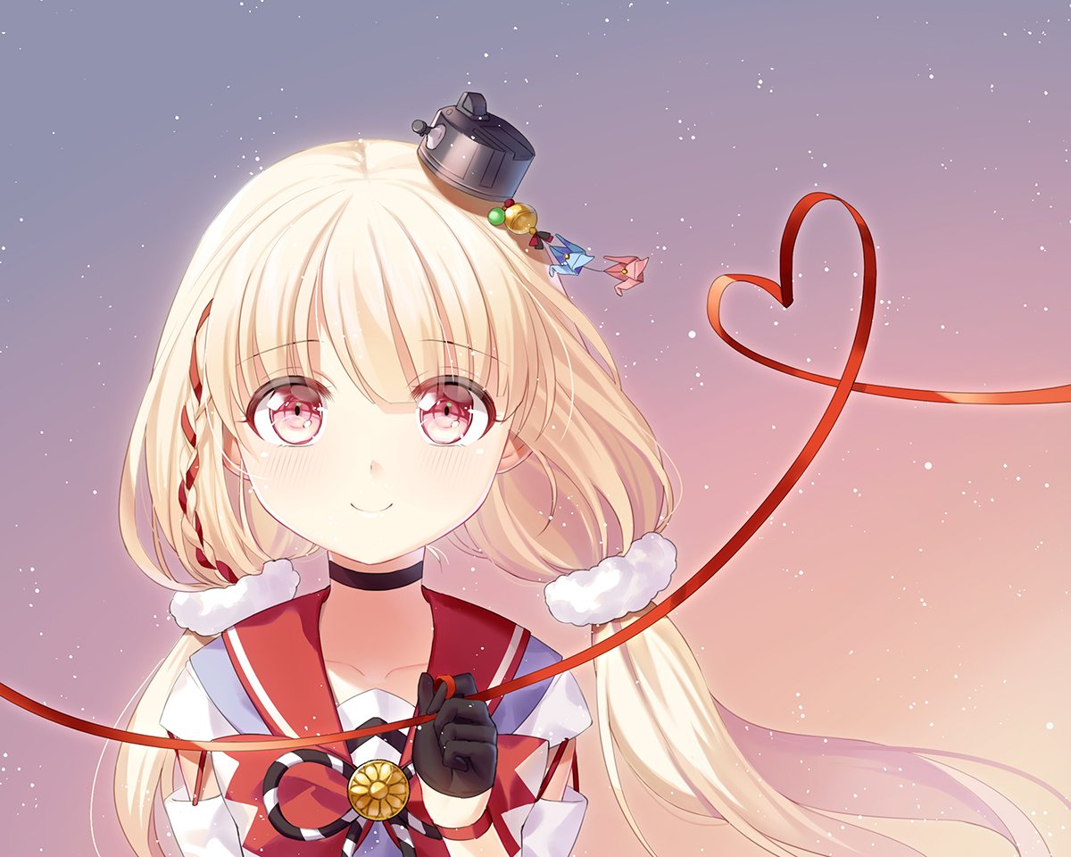 blonde_hair collarbone commentary_request detached_sleeves gloves hat hatsuzuki_(zhan_jian_shao_nyu) heart heart_of_string long_hair looking_at_viewer mini_hat philomelalilium pink_eyes portrait red_string simple_background smile string tilted_headwear twintails zhan_jian_shao_nyu