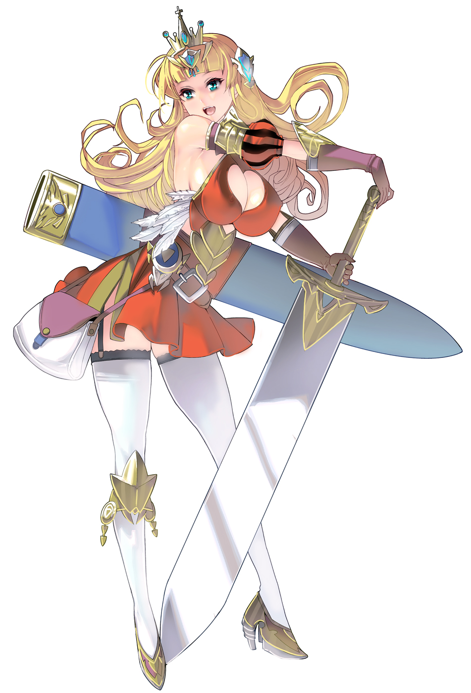 :d bag blonde_hair blue_eyes breasts cleavage_cutout commentary_request curvy handbag heart_cutout high_heels highres jewelry knight large_breasts long_hair masao open_mouth original princess sheath simple_background skirt smile solo sword thighhighs weapon white_background white_legwear zettai_ryouiki