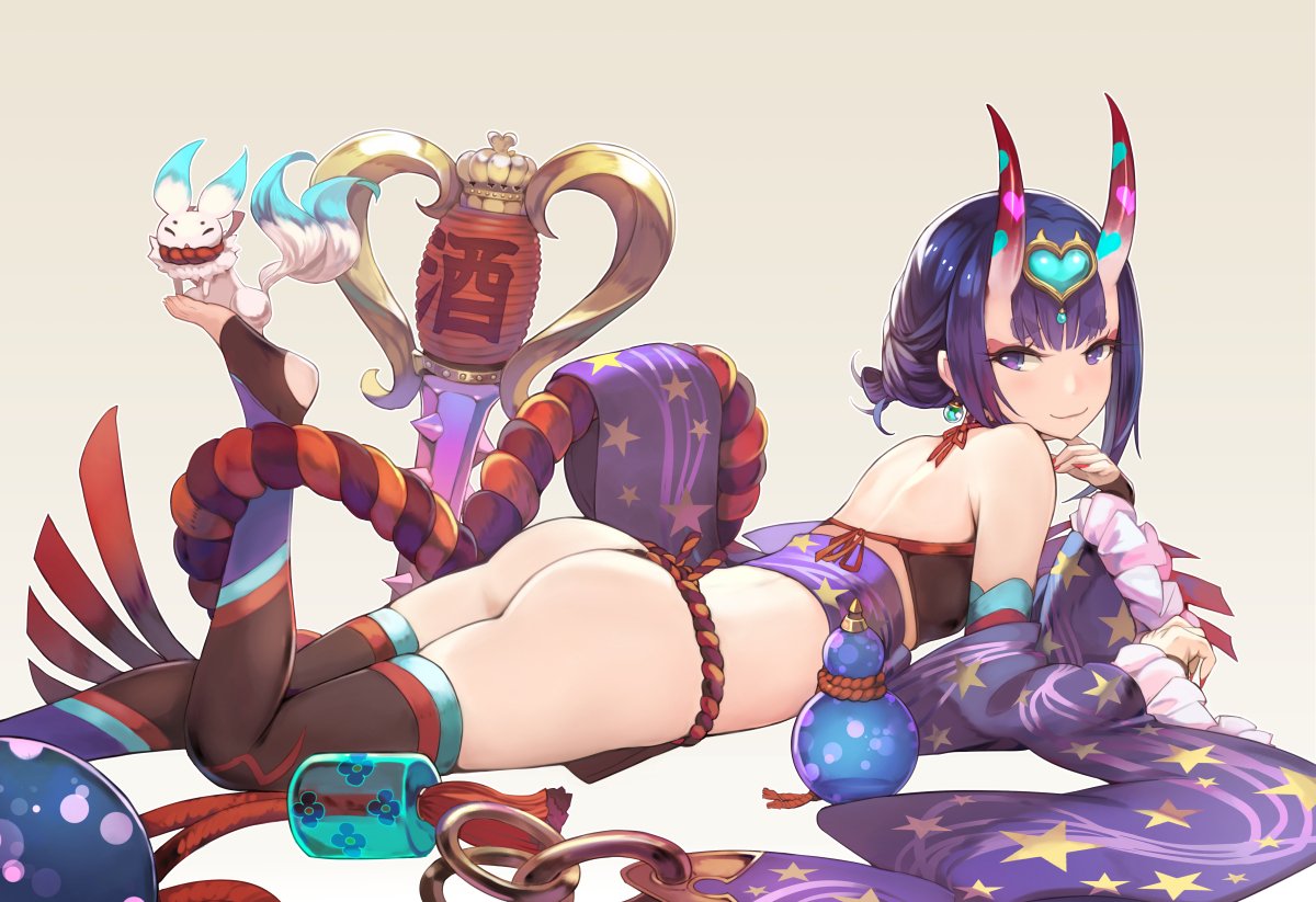 ankle_ribbon ass bangs bare_shoulders barefoot blush bob_cut breasts collarbone commentary_request detached_sleeves dudou eyebrows_visible_through_hair eyeshadow fate/grand_order fate_(series) floral_print full_body hair_between_eyes halloween headpiece hips horns kurosawa_tetsu large_breasts leg_up light_smile looking_at_viewer lying makeup nail_polish on_stomach oni oni_horns purple_eyes purple_hair revealing_clothes ribbon short_eyebrows short_hair shuten_douji_(fate/grand_order) shuten_douji_(halloween)_(fate) sidelocks small_breasts smile solo star star_print thighs toeless_legwear