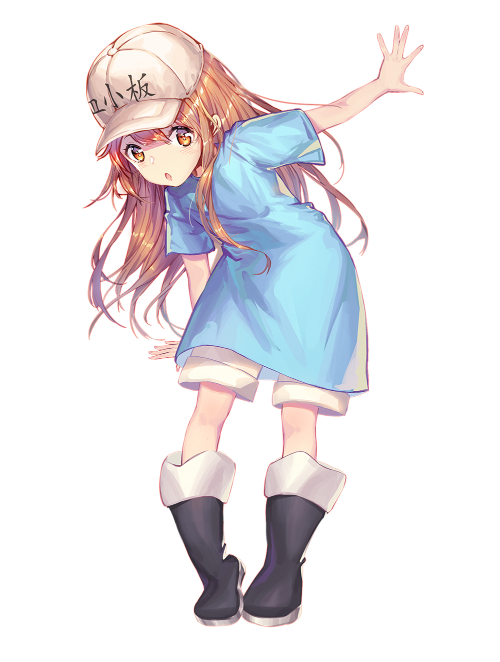 black_footwear blonde_hair blue_shirt boots brown_eyes character_name floating_hair hair_between_eyes haitang hat hataraku_saibou highres leaning_forward long_hair open_mouth outstretched_arm platelet_(hataraku_saibou) shiny shiny_hair shirt short_shorts short_sleeves shorts simple_background solo standing very_long_hair white_background white_hat white_shorts