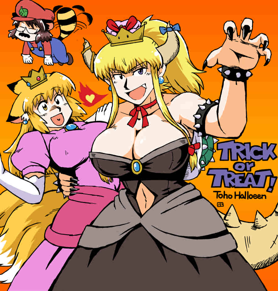 90s :d afterimage animal_ear_fluff animal_ears arm_around_waist azuki_osamitsu bangs bare_shoulders black_dress black_nails blonde_hair blue_earrings blue_overalls blush bow bowsette bowsette_(cosplay) bracelet breasts breathing_fire brooch brown_eyes brown_footwear brown_hair choker claw_pose cleavage closed_eyes collarbone commentary_request cosplay crossover crown dress earrings ears_down elbow_gloves english engrish eyebrows_visible_through_hair fake_facial_hair fake_mustache fang fingernails fire floating fox_ears fox_girl fox_tail futatsuiwa_mamizou glasses gloves hand_up hat heart heart_in_mouth heterochromia hidden_mouth high_ponytail horn_bow horns ibuki_suika ibuki_suika_(cosplay) jewelry jpeg_artifacts large_breasts long_fingernails long_hair long_sleeves looking_at_another looking_at_viewer mario mario_(cosplay) mario_(series) multiple_girls multiple_tails nail_polish navel navel_cutout new_super_mario_bros._u_deluxe nose open_mouth orange_background overalls overskirt palms pink_dress princess princess_peach princess_peach_(cosplay) puffy_short_sleeves puffy_sleeves purple_eyes raccoon_ears raccoon_girl raccoon_tail ranguage red_hat ribbon ribbon_choker round_eyewear sapphire_(stone) sharp_fingernails short_hair short_sleeves sidelocks simple_background smile spiked_armlet spiked_bracelet spiked_shell spiked_tail spikes standing strapless strapless_dress super_crown sweater tail touhou trick_or_treat turtle_shell v-shaped_eyebrows white_gloves yakumo_ran yakumo_yukari