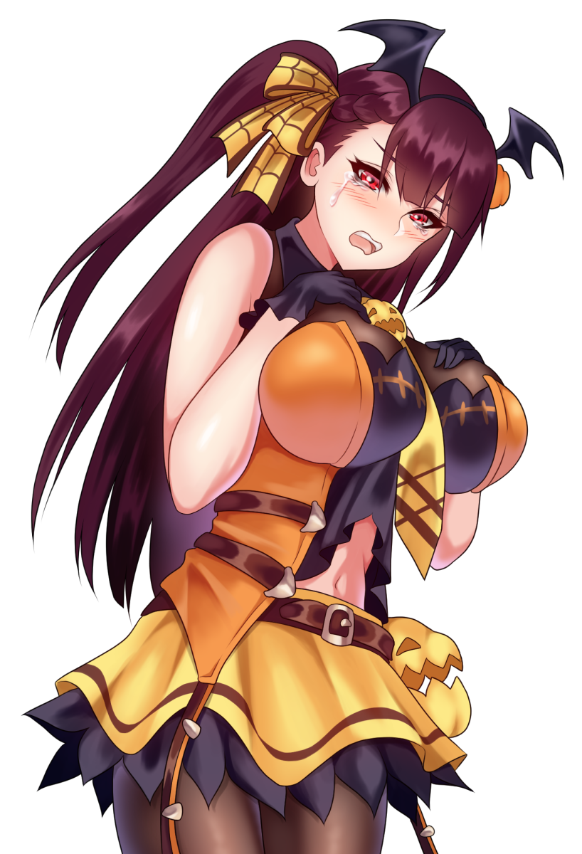 :o alternate_costume bad_anatomy belt black_legwear braid breasts brown_legwear crying crying_with_eyes_open fake_wings girls_frontline hair_ribbon hairband hands_on_own_breasts head_wings highres huge_breasts large_breasts long_hair navel pantyhose ponytail red_eyes ribbon simple_background skirt solo sushi_no_kokoro tears very_long_hair wa2000_(girls_frontline) white_background wings yellow_ribbon yellow_skirt