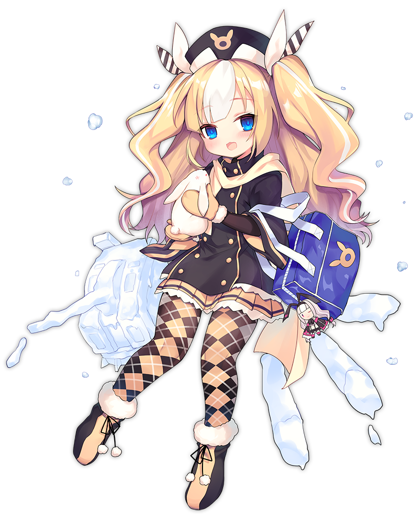 :d animal argyle argyle_legwear azur_lane bag bag_charm bangs black_dress black_footwear black_hat blonde_hair blue_eyes blush brown_mittens bunny character_doll charm_(object) diagonal_stripes dress eyebrows_visible_through_hair full_body fur-trimmed_boots fur-trimmed_mittens fur_trim hair_ribbon hat head_tilt holding holding_animal kalk_(azur_lane) long_hair long_sleeves looking_at_viewer mittens multicolored_hair official_art one_eye_closed open_mouth pantyhose ribbon school_bag smile solo streaked_hair striped striped_ribbon tongue tongue_out transparent_background two_side_up utm very_long_hair white_hair white_ribbon wide_sleeves
