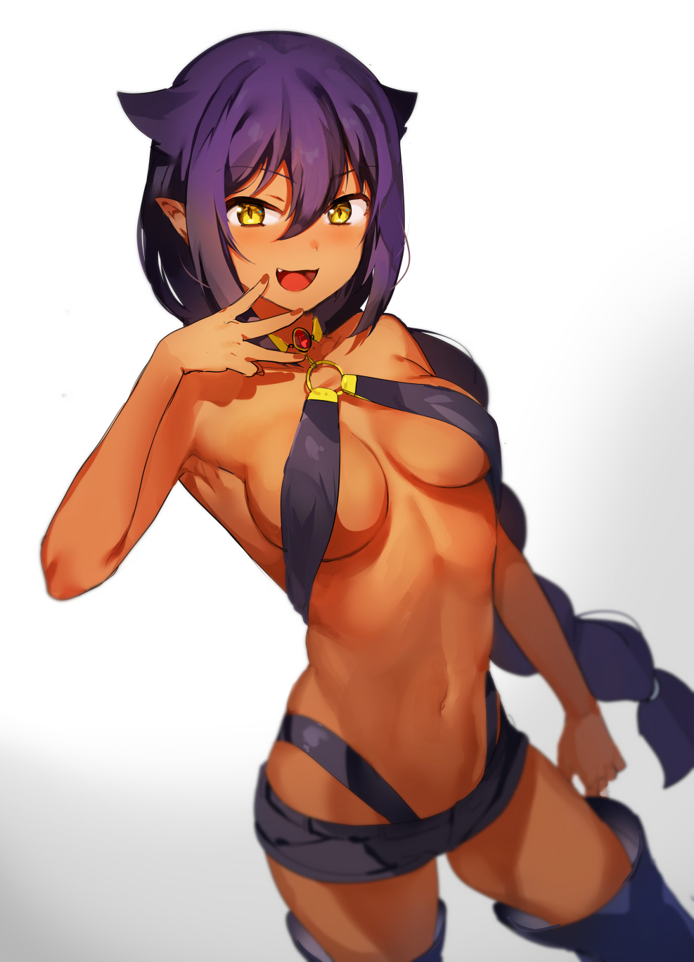 :d :o arm_at_side armpits bangs bare_shoulders black_hair blush boots braid breasts breasts_apart choker collarbone commentary_request cowboy_shot dark_skin eyebrows_visible_through_hair fang fingernails gem hair_between_eyes hair_flaps halterneck hand_to_own_mouth hand_up highres jahy jahy_sama_wa_kujikenai konbu_wakame long_hair looking_at_viewer medium_breasts midriff nail_polish navel o-ring o-ring_top official_art open_mouth pointy_ears red_nails revealing_clothes short_shorts shorts simple_background single_braid slit_pupils smile solo standing thigh_boots thighhighs w white_background yellow_eyes