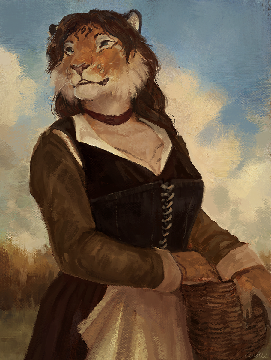 anthro apron breasts brown_hair cheek_tuft cleavage clothed clothing cloud day dress feline female green_eyes hair holding_object long_hair mammal oouna outside sky solo standing tiger tuft uchoa whiskers