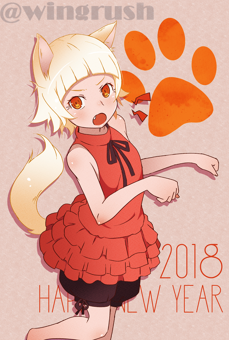 :o animal_ears bakemonogatari bangs blonde_hair blunt_bangs commentary_request dress fang fooring fox_ears fox_tail happy_new_year kiss-shot_acerola-orion_heart-under-blade kizumonogatari looking_at_viewer monogatari_(series) new_year oshino_shinobu paw_background paw_pose short_hair sleeveless sleeveless_dress sound_effects string_bowtie tail twitter_username v-shaped_eyebrows yellow_eyes