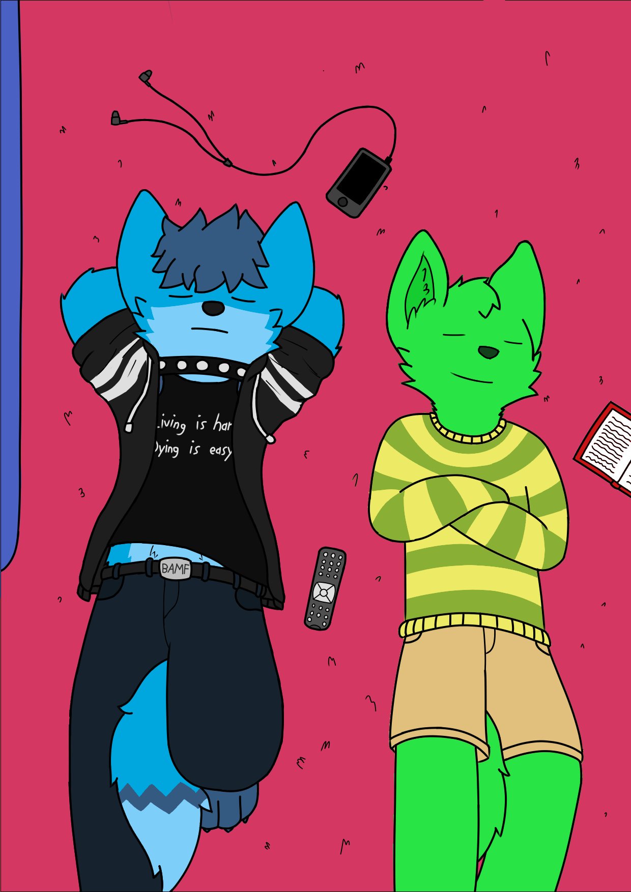 anthro blue_fur book canid canine canis carpet clothed clothing controller digital_media_(artwork) fox fur green_fur high-angle_view hybrid jacket jeans lying mammal mylimo pants phone remote_control sea(thatboi_limo) smile thatboi_limo wolf