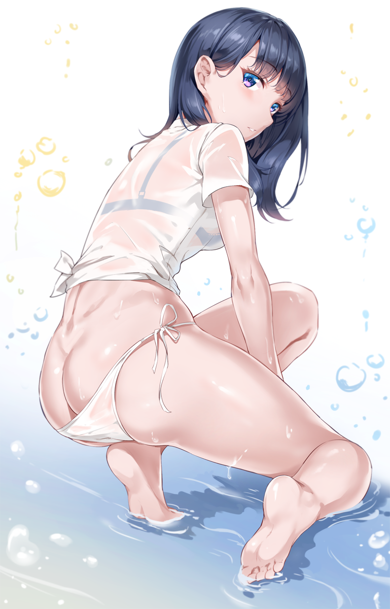 ass back bangs barefoot black_bra black_hair blue_eyes bra breasts butt_crack commentary_request feet highres hips kneeling legs long_hair looking_at_viewer looking_back miazi parted_lips see-through shirt short_sleeves small_breasts solo ssss.gridman swept_bangs takarada_rikka thighs underwear water wet wet_clothes wet_shirt white_background white_bikini_bottom white_shirt