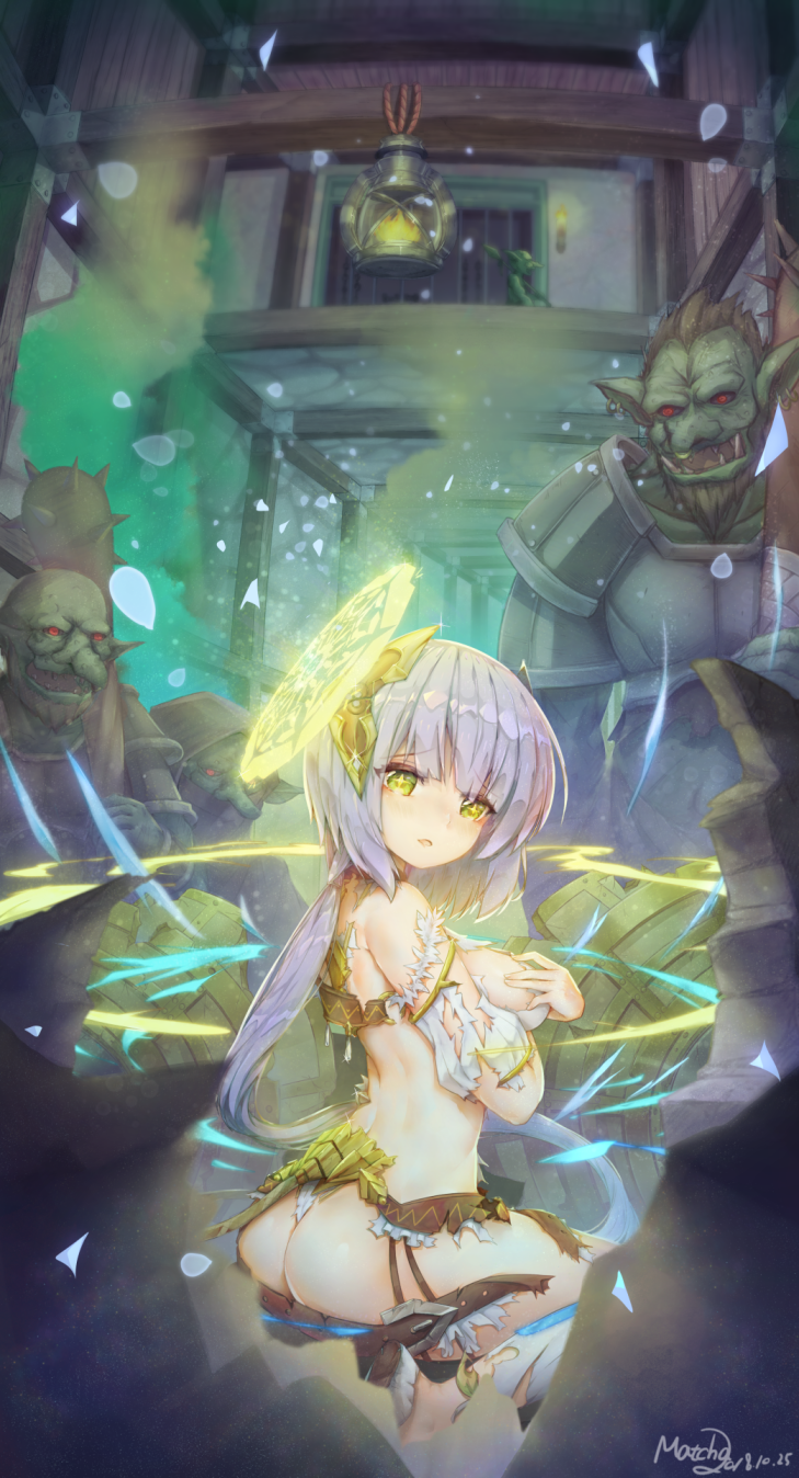 1girl 4boys armor ass atelier_(series) atelier_sophie beard blush breasts brown_hair club dated earrings eyebrows_visible_through_hair facial_hair fire furrowed_eyebrows goblin green_eyes head_tilt highres indoors jewelry lantern lavender_hair long_hair low_ponytail matcha_(zxcvzxcv1123) medium_breasts monster multiple_boys number open_mouth parted_lips plachta pointy_ears polearm red_eyes sharp_teeth signature sitting spear spiked_club teeth torn_clothes very_long_hair wariza weapon