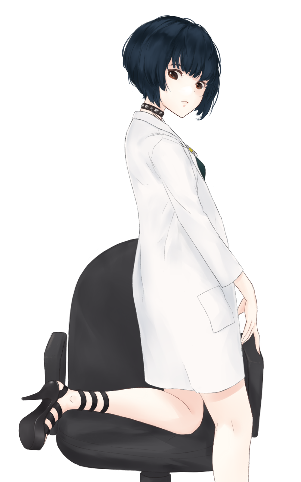 black_hair black_shirt bob_cut brown_eyes chair choker commentary emnay high_heels highres jewelry labcoat leg_up light_frown looking_at_viewer looking_back messy_hair necklace office_chair persona persona_5 shirt short_hair simple_background solo studded_choker takemi_tae white_background