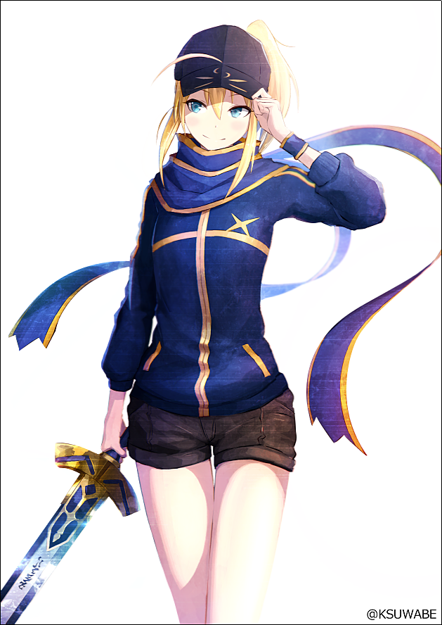 ahoge arm_at_side arm_up artoria_pendragon_(all) baseball_cap black_border black_hat blonde_hair blue_eyes blue_jacket blue_scarf border brown_shorts closed_mouth commentary_request cowboy_shot fate/grand_order fate_(series) hair_between_eyes hand_on_headwear hat holding holding_sword holding_weapon jacket kei-suwabe long_hair long_sleeves looking_away looking_to_the_side mysterious_heroine_x ponytail scarf shorts simple_background smile solo sweatband sword thigh_gap track_jacket twitter_username weapon white_background