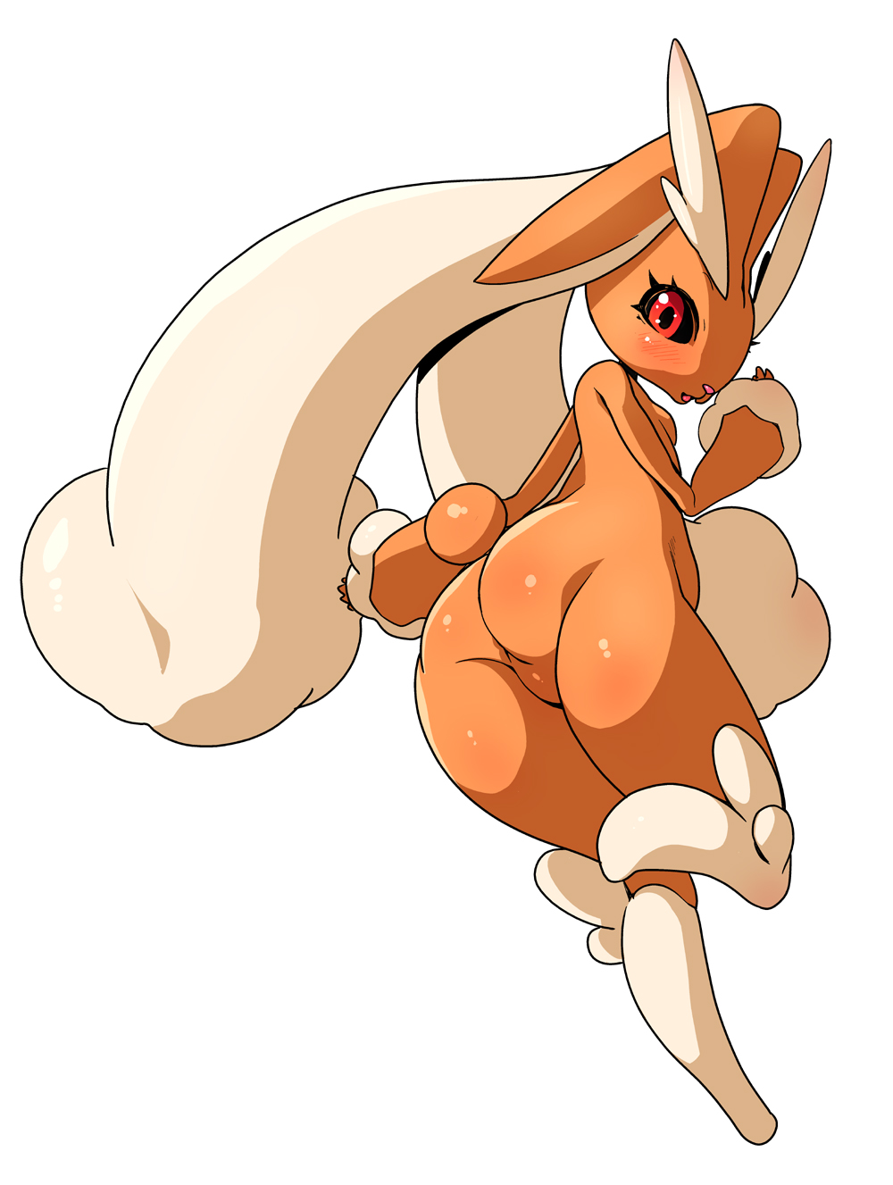 anthro black_sclera blush breasts brown_fur butt featureless_crotch female full_body fur hi_res kazumi_yoshiyuki lagomorph looking_at_viewer looking_back lopunny mammal nintendo nude on_one_leg open_mouth pok&eacute;mon pok&eacute;mon_(species) rear_view red_eyes simple_background small_breasts solo standing video_games white_background