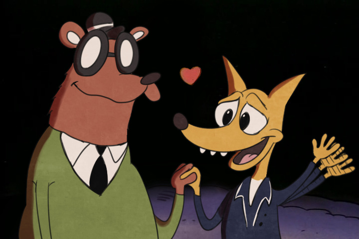 &lt;3 2018 angus_(nitw) anthro bear black_eyes black_nose canine clothing digital_media_(artwork) duo eyewear fox glasses gregg_(nitw) hand_holding hat hi_res male male/male mammal necktie night_in_the_woods open_mouth outside relationship rocko's_modern_life rockosedits signature slightly_chubby smile toony waving