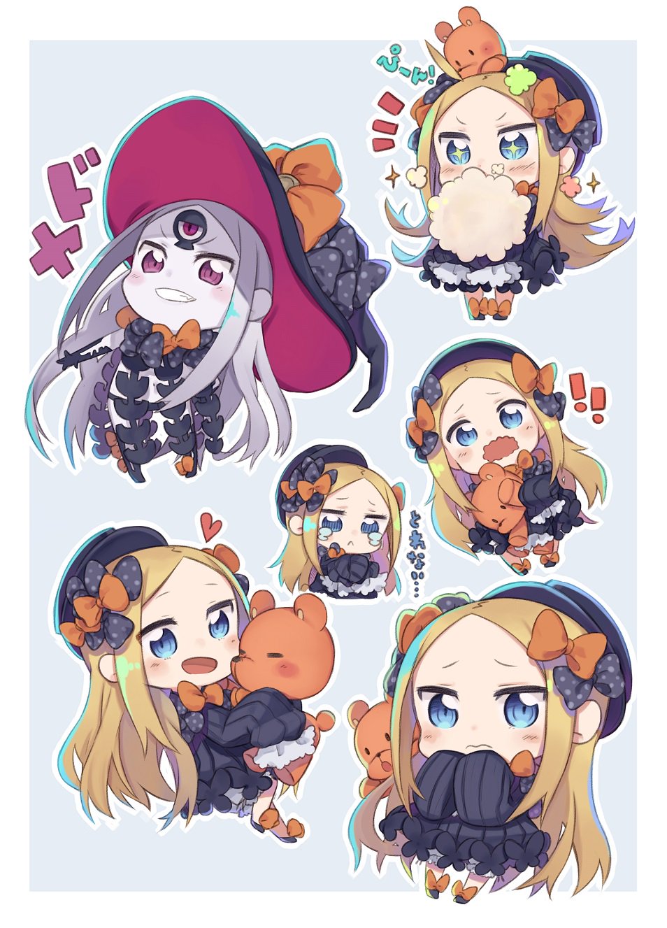 1girl 3: :&lt; :d abigail_williams_(fate/grand_order) bangs black_dress black_hat black_panties blonde_hair blue_eyes bow chibi dress dual_persona fate/grand_order fate_(series) grey_background hair_bow hat heart highres keyhole long_hair looking_at_viewer multiple_views object_hug open_mouth orange_bow panties parted_bangs polka_dot polka_dot_bow purple_bow purple_hat red_eyes scared sleeves_past_wrists smile smirk sparkling_eyes stuffed_animal stuffed_toy surprised symbol-shaped_pupils tearing_up teddy_bear totatokeke translation_request underwear very_long_hair wavy_mouth white_bloomers white_hair white_skin witch_hat