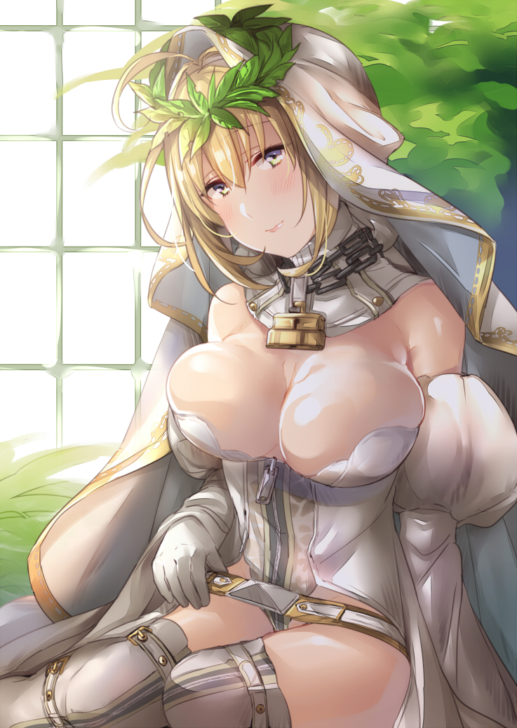 ahoge alternate_eye_color bangs belt blonde_hair bloom blush breasts chain cleavage closed_mouth commentary_request day detached_sleeves eyebrows_visible_through_hair eyelashes fate/grand_order fate_(series) full-length_zipper gloves gold_trim hair_intakes head_tilt indoors juurouta large_breasts lips lock long_sleeves looking_at_viewer loose_belt nero_claudius_(bride)_(fate) nero_claudius_(fate)_(all) padlock puffy_long_sleeves puffy_sleeves sitting solo sunlight veil white_belt white_gloves white_sleeves window yellow_eyes zipper zipper_pull_tab