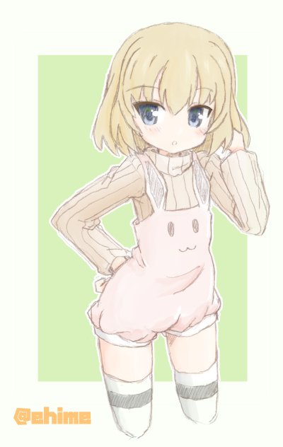 :o animal_print bangs blonde_hair blue_eyes bunny_print casual commentary cowboy_shot ehime_mikan girls_und_panzer green_background hand_on_hip katyusha long_sleeves looking_at_viewer outside_border parted_lips print_legwear ribbed_sweater short_hair short_jumpsuit solo standing sweater thighhighs turtleneck twitter_username white_jumpsuit white_legwear white_sweater