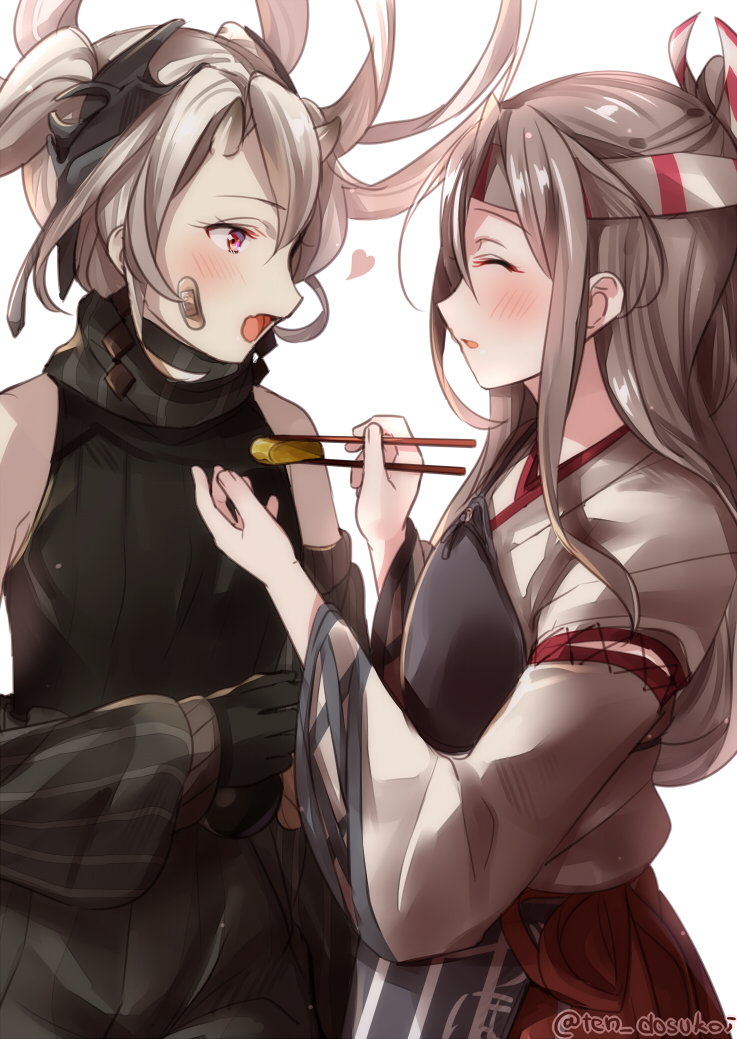 abyssal_crane_hime apron bandaid bandaid_on_face black_sweater chopsticks closed_eyes commentary_request cowboy_shot detached_sleeves feeding grey_hair hachimaki hair_between_eyes headband high_ponytail horns japanese_clothes juurouta kantai_collection long_hair multiple_girls muneate omelet ponytail red_eyes red_shorts remodel_(kantai_collection) shinkaisei-kan shorts sweater sweater_vest tamagoyaki twitter_username white_hair zuihou_(kantai_collection)